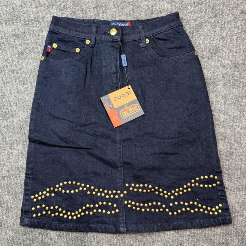 Vintage Y2K Coogi Australia Down‎ Under Blue Denim Studded Skirt Size XS NWT